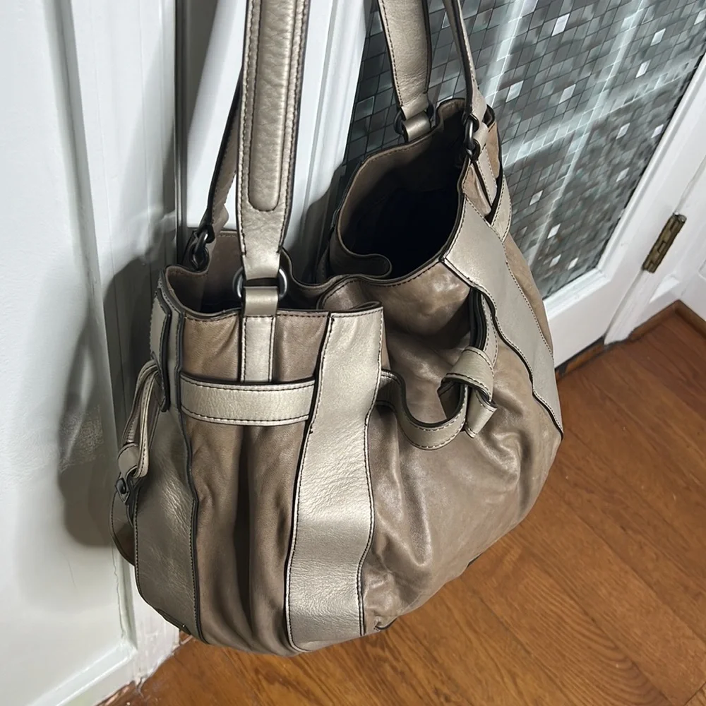 💕 Kooba taupe gray silver soft leather x large satchel shoulder bag